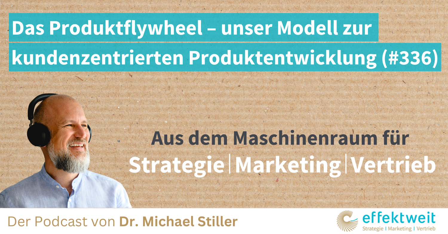 Titelbild zu Folge 336 des Podcasts "Aus dem Maschinenraum für Strategie | Marketing | Vertrieb": Das Produktflywheel – unser Modell zur kundenzentrierten Produktentwicklung