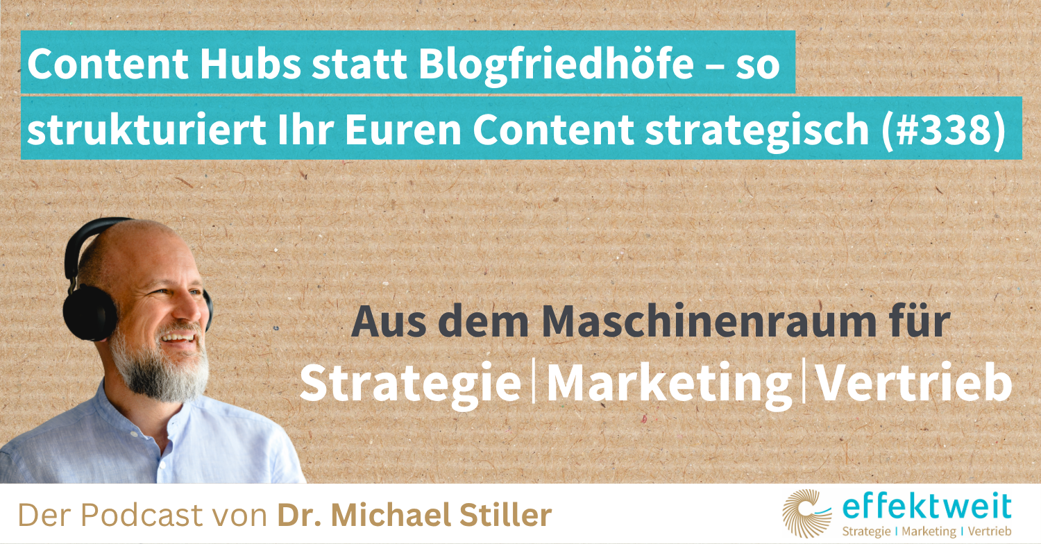 Titelbild zu Folge 338 des Podcasts "Aus dem Maschinenraum für Strategie | Marketing | Vertrieb": Content Hubs statt Blogfriedhöfe – so strukturiert Ihr euren Content strategisch